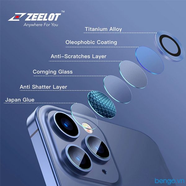 Dán Cường Lực Bảo Vệ Camera iPhone 11/11 Pro/11 Pro Max/12/12 Pro/12 Pro Max Zeelot Titanium Steel Viền Màu