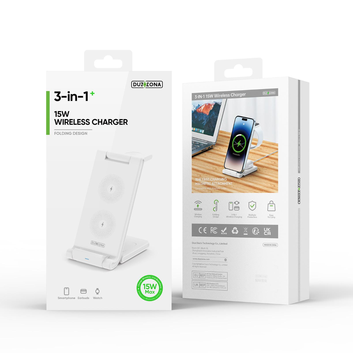 Duzzona W10-A Folding 3-in-1 Wireless Charger Stand 15W for iPhone / AirPods / Apple Watch