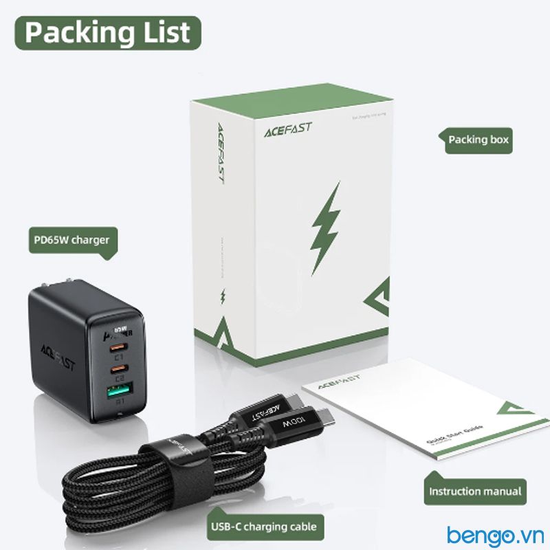 Sạc Nhanh ACEFast A15 PD3.0 65W 3 Cổng USB-C+USB-C+USB-A (US) - Bảo Hành 24 Tháng