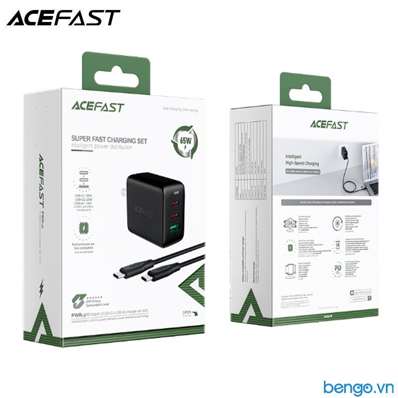 Sạc Nhanh ACEFast A15 PD3.0 65W 3 Cổng USB-C+USB-C+USB-A (US) - Bảo Hành 24 Tháng