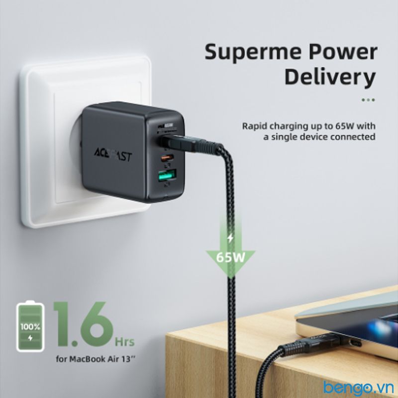 Sạc Nhanh ACEFast A15 PD3.0 65W 3 Cổng USB-C+USB-C+USB-A (US) - Bảo Hành 24 Tháng