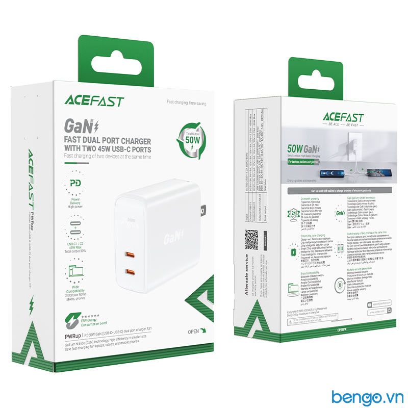 Sạc Nhanh ACEFAST A31 GaN PD3.0 50W 2 Cổng USB-C (US) - Bảo Hành 24 Tháng