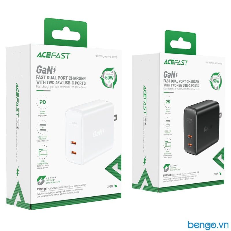 Sạc Nhanh ACEFAST A31 GaN PD3.0 50W 2 Cổng USB-C (US) - Bảo Hành 24 Tháng