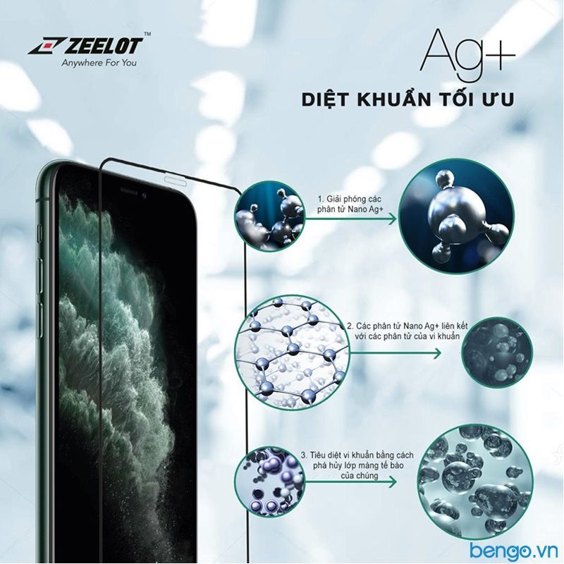 Dán cường lực iPhone 11/11 Pro/11 Pro Max Zeelot PureGlass Full Nano Bạc Kháng Khuẩn