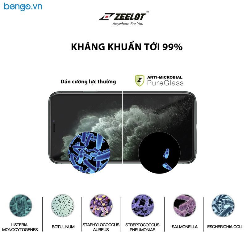 Dán cường lực iPhone 11/11 Pro/11 Pro Max Zeelot PureGlass Full Nano Bạc Kháng Khuẩn