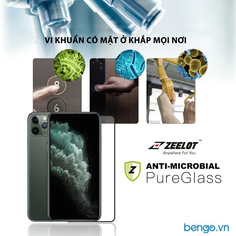Dán cường lực iPhone 11/11 Pro/11 Pro Max Zeelot PureGlass Full Nano Bạc Kháng Khuẩn