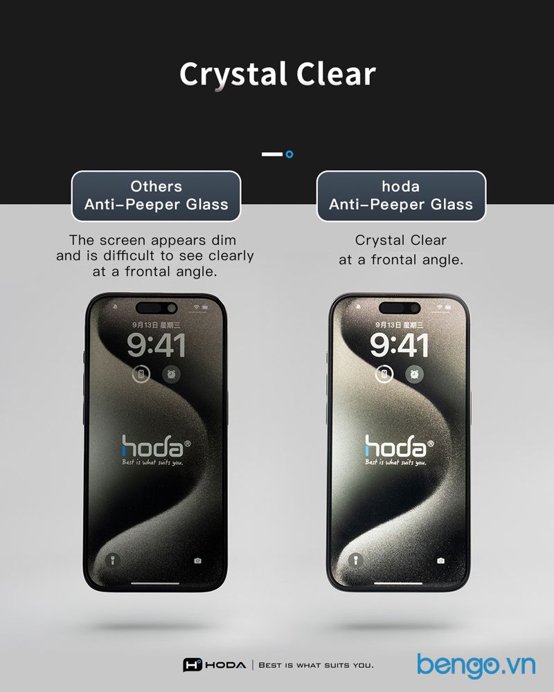 Dán cường lực iPhone 16 Pro Hoda Chống Nhìn Trộm + Chống Chói (Anti-Peeper with Anti-Reflection)