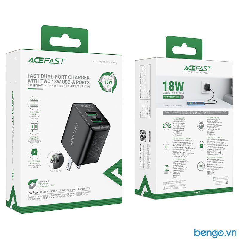 Sạc Nhanh ACEFAST A35 QC18W 2 Cổng USB-A (US) - Bảo Hành 24 Tháng