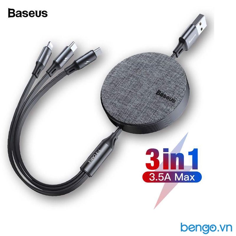 Cáp sạc dây rút Baseus Fabric 3 in 1 Flexible Cable tích hợp 3 đầu USB-C/Micro USB/Lightning 1.2m