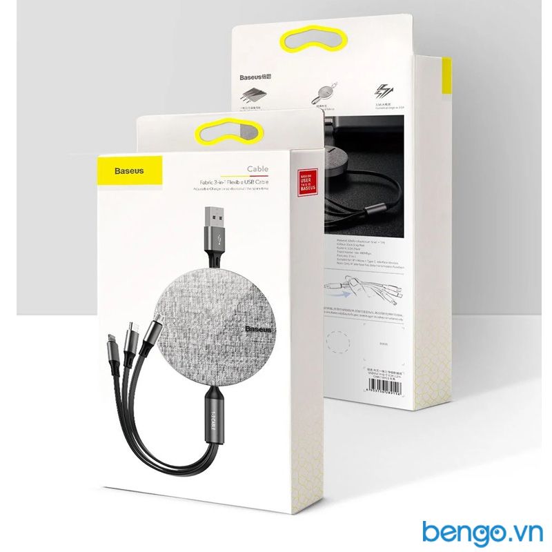 Cáp sạc dây rút Baseus Fabric 3 in 1 Flexible Cable tích hợp 3 đầu USB-C/Micro USB/Lightning 1.2m