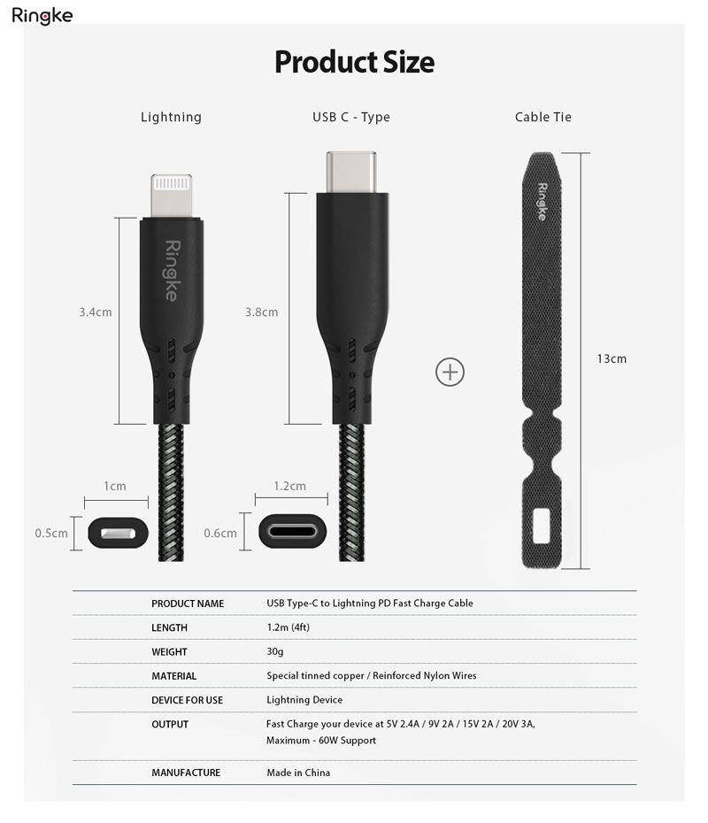 Cáp Sạc Nhanh RINGKE USB-C To Lightning Chuẩn MFi Dài 1.2m