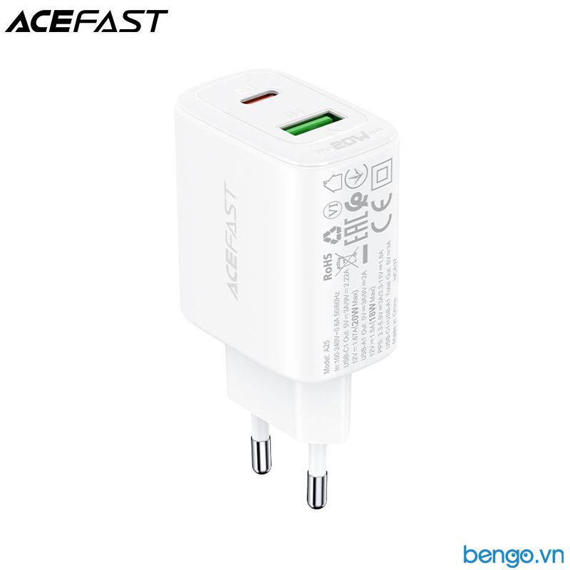 Sạc Nhanh ACEFAST A25 PD3.0 20W 2 Cổng USB-C+USB-A (EU) - Bảo Hành 24 Tháng