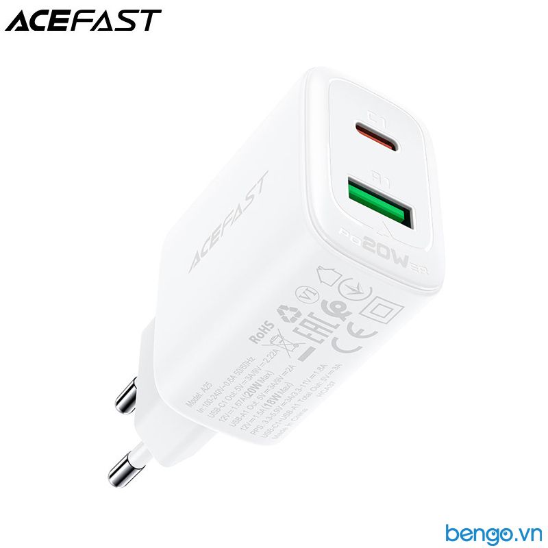 Sạc Nhanh ACEFAST A25 PD3.0 20W 2 Cổng USB-C+USB-A (EU) - Bảo Hành 24 Tháng