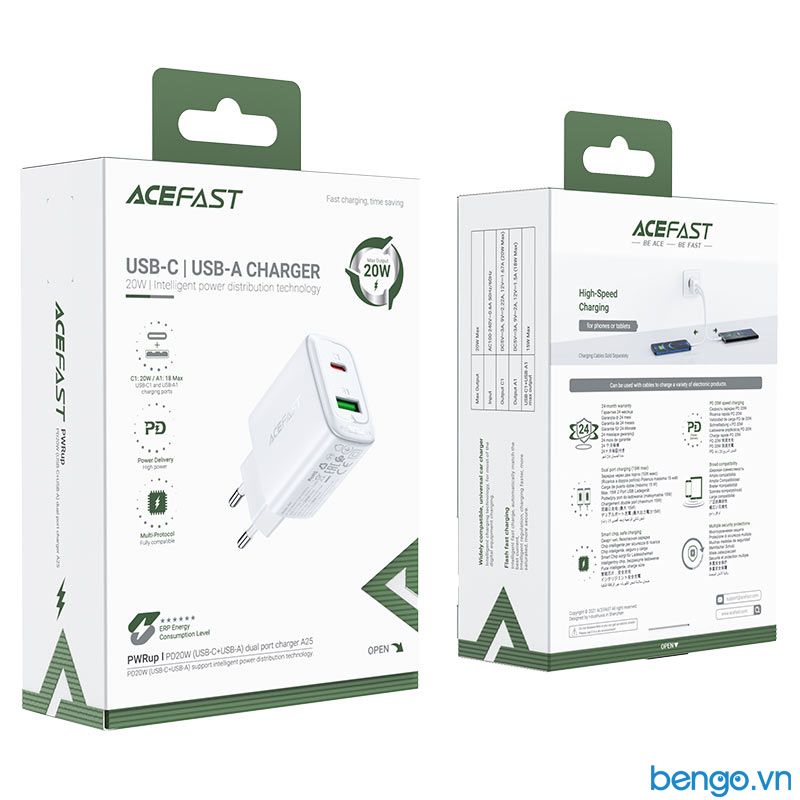 Sạc Nhanh ACEFAST A25 PD3.0 20W 2 Cổng USB-C+USB-A (EU) - Bảo Hành 24 Tháng