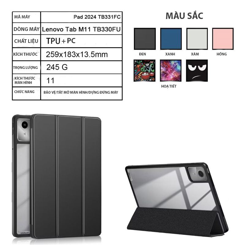 Bao da Lenovo Tab M11 (TB-330FU/TB-330XU) Zaki Smartcover mặt lưng trong suốt