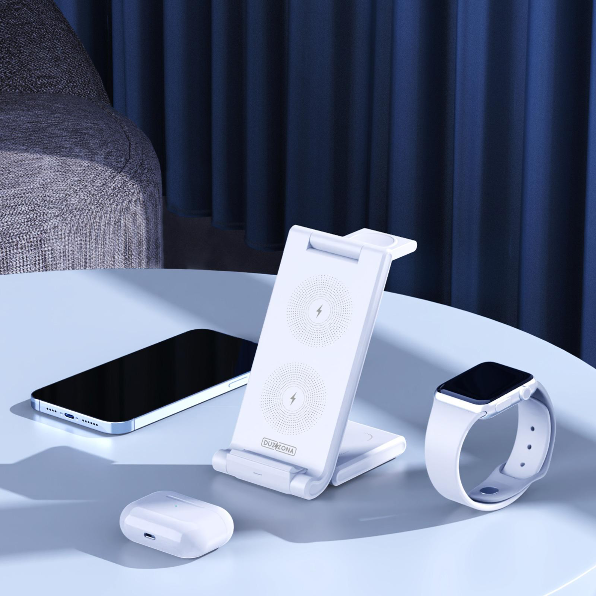Duzzona W10-A Folding 3-in-1 Wireless Charger Stand 15W for iPhone / AirPods / Apple Watch