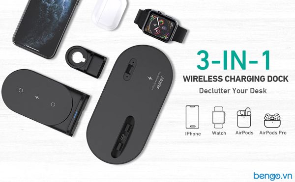 Đế Sạc Không Dây 3 Trong 1 Aukey Chuẩn Qi 10W Hỗ Trợ Sạc 3 Thiết Bị Cùng Lúc - LC-A3