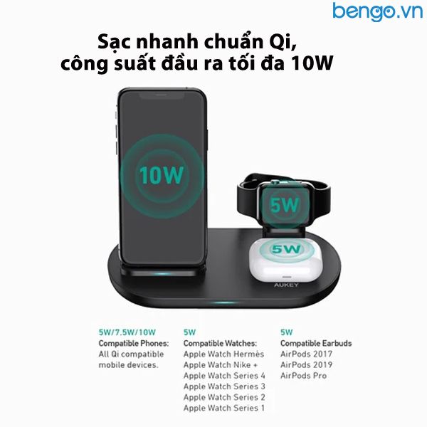 Đế Sạc Không Dây 3 Trong 1 Aukey Chuẩn Qi 10W Hỗ Trợ Sạc 3 Thiết Bị Cùng Lúc - LC-A3