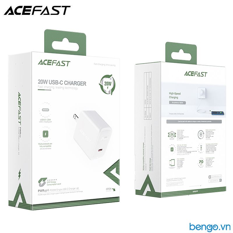 Sạc Nhanh ACEFAST A3 PD3.0 20W 1 Cổng USB-C (US) - Bảo Hành 24 Tháng