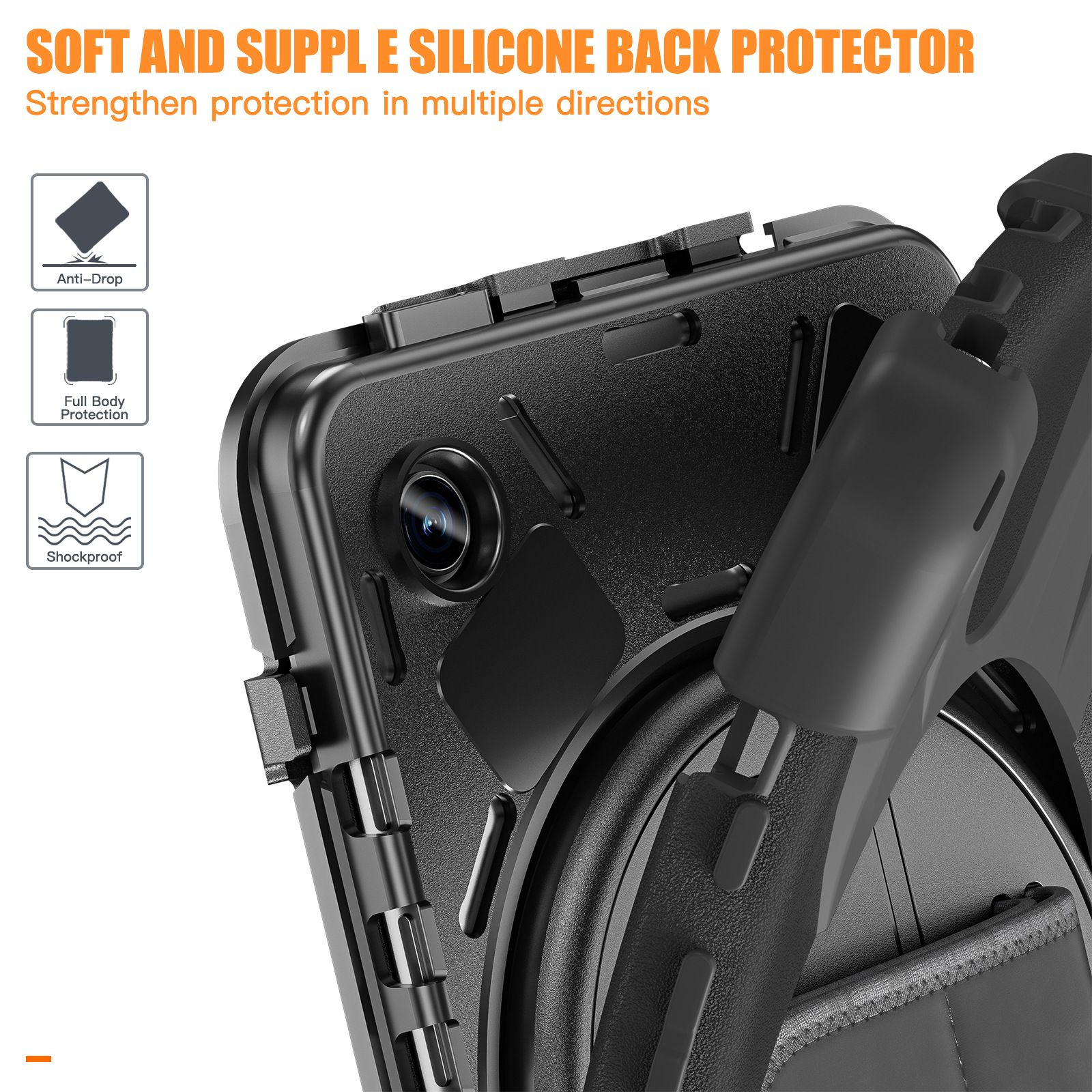 Ốp lưng Samsung Galaxy Tab A9/Tab A9 Plus chống sốc có chân dựng, dây đeo vai và tay - Đen
