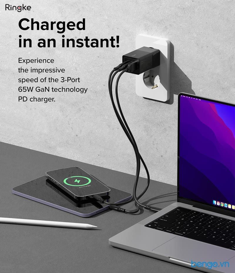 Sạc Nhanh RINGKE 65W GaN 3 Cổng USB-C+USB-C+USB-A