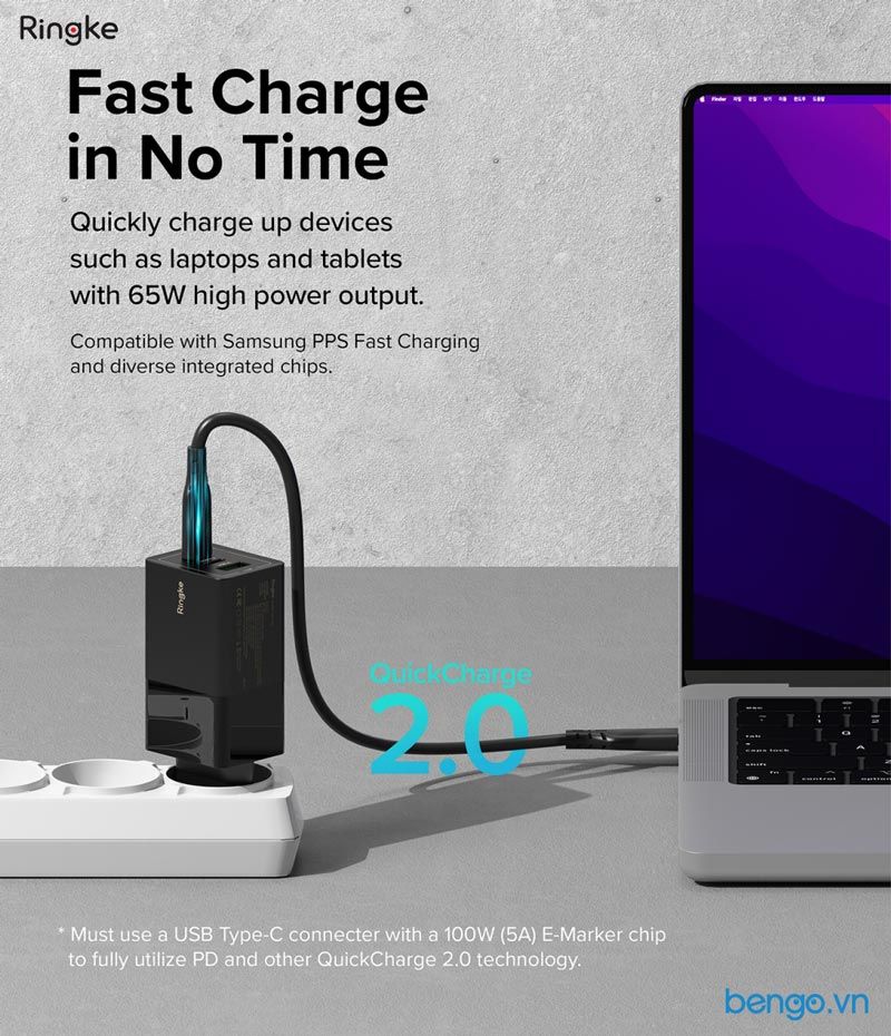 Sạc Nhanh RINGKE 65W GaN 3 Cổng USB-C+USB-C+USB-A