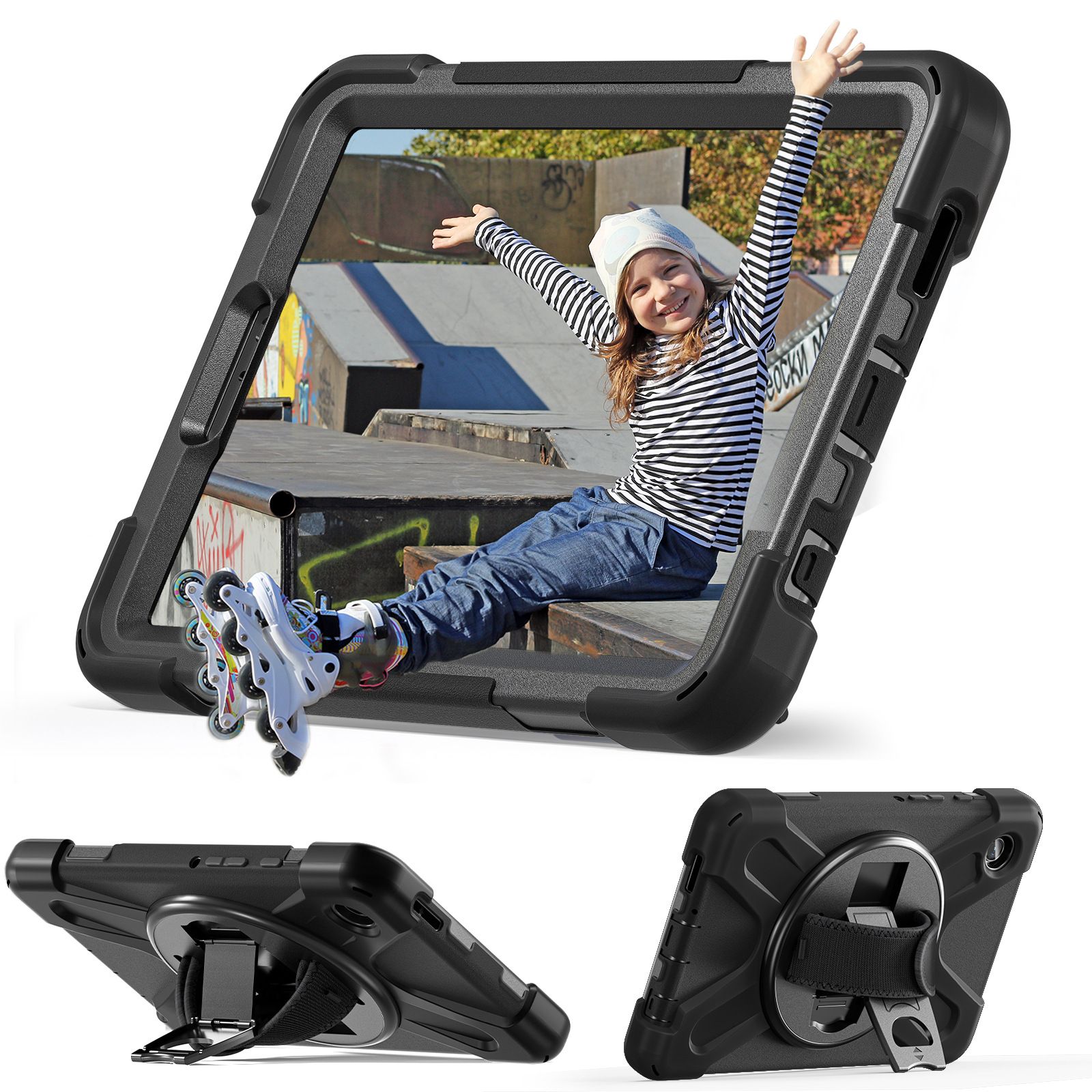 Ốp lưng Samsung Galaxy Tab A9/Tab A9 Plus chống sốc có chân dựng, dây đeo vai và tay - Đen