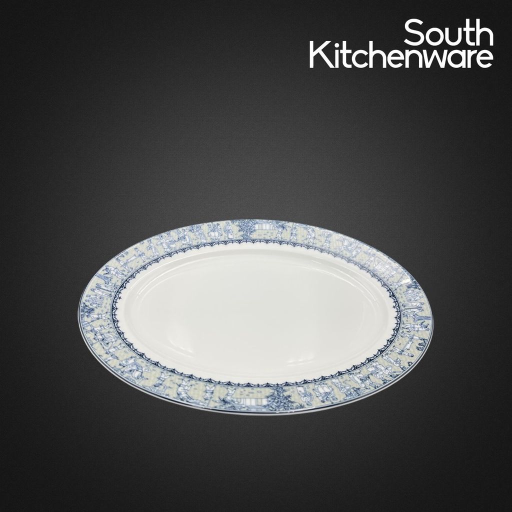 Dĩa đựng súp chất liệu gốm cao cấp phối họa tiết cổ xưa dáng oval Minh Long kích thước 28cm