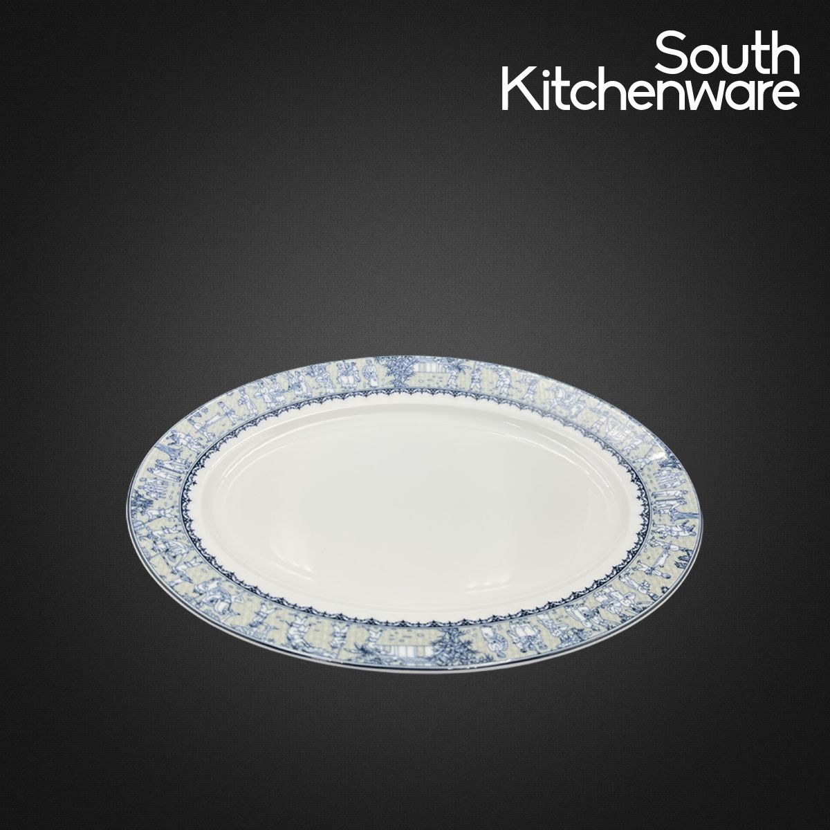 Dĩa đựng súp chất liệu gốm cao cấp phối họa tiết cổ xưa dáng oval Minh Long kích thước 28cm