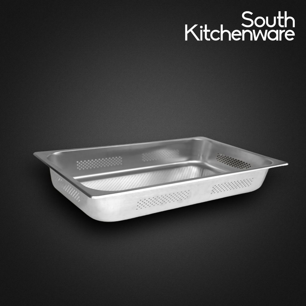 Khay INOX GN 1/1 đựng thực phẩm, topping, cơm 530x327 cao 65mm có đục lỗ nhỏ