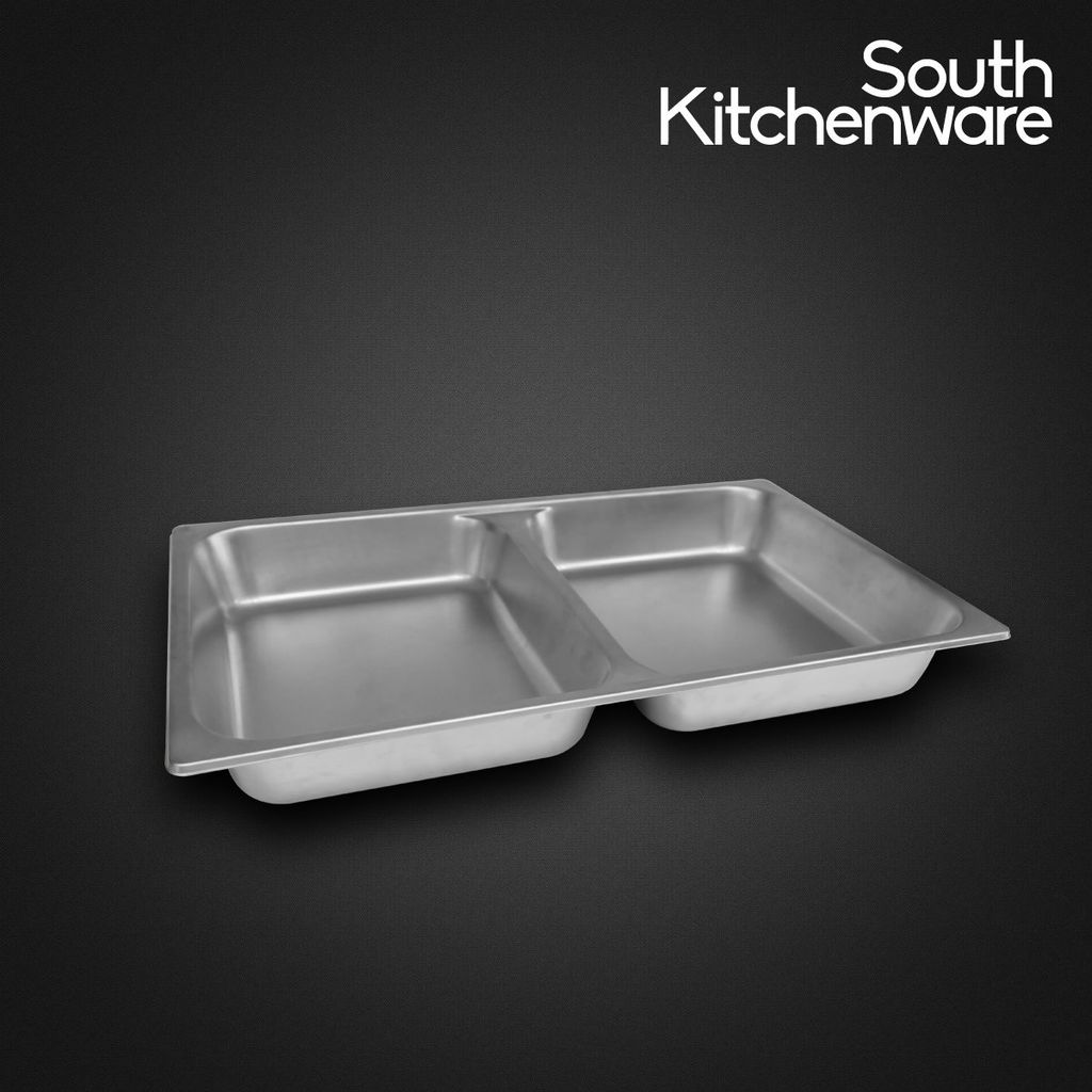 Khay Inox GN 1/1 đựng thực phẩm, topping, cơm 2 ngăn_(530x327 cao 100mm)