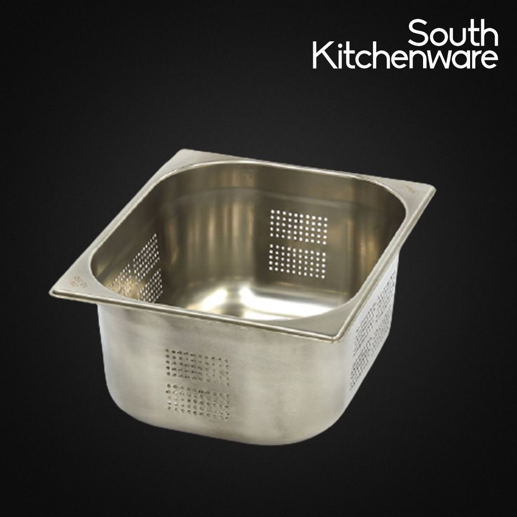 Khay INOX GN 1/2 đựng thực phẩm, topping, cơm 327x265 cao 150mm có đục lỗ