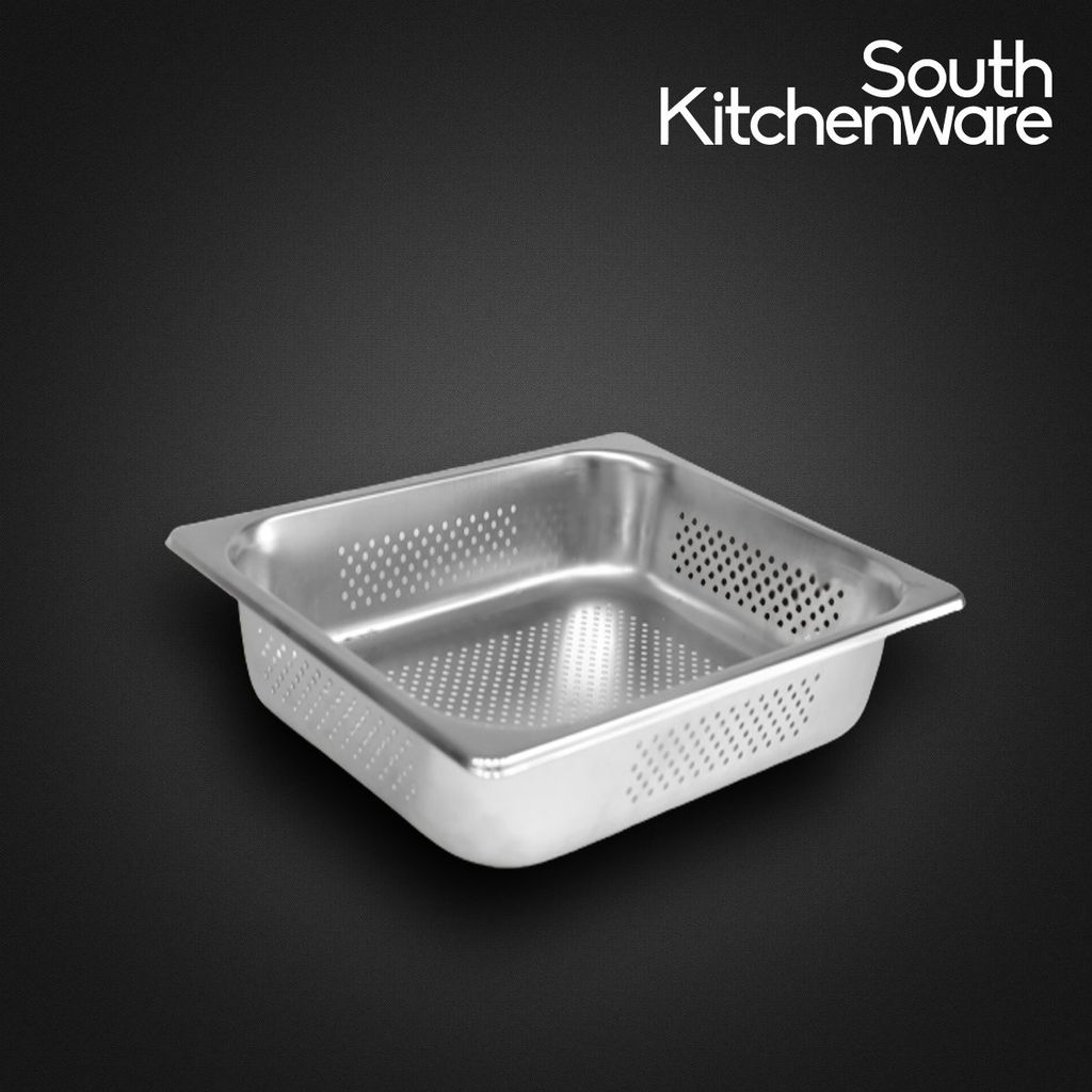 Khay INOX GN 1/2 đựng thực phẩm, topping, cơm 327x265 cao 100mm có đục lỗ nhỏ