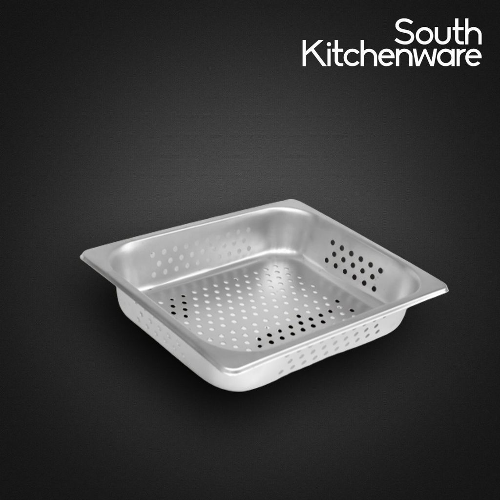 Khay INOX GN 1/1 đựng thực phẩm, topping, cơm 530x327 cao 65mm có đục lỗ to