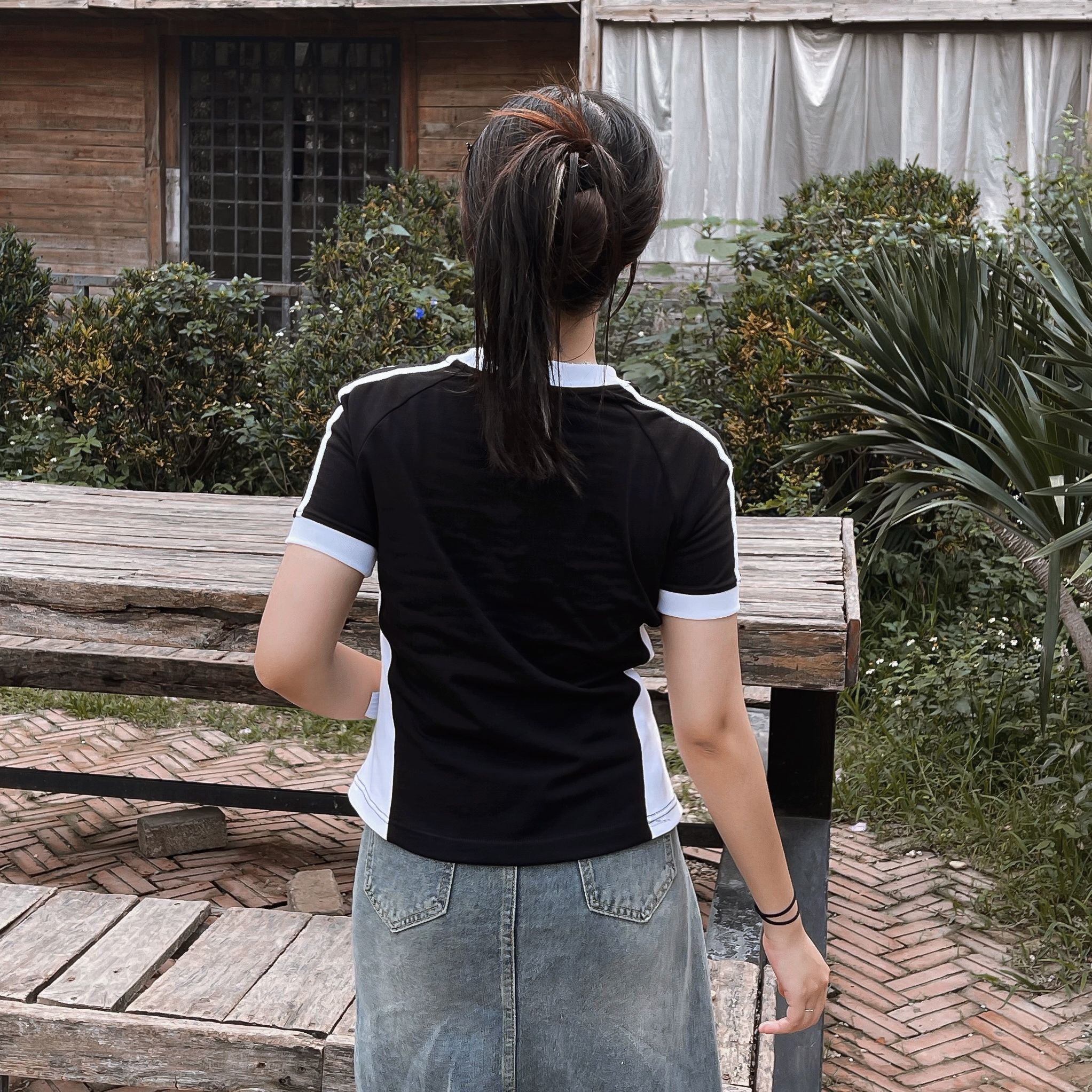  STRIPED RINGER BABY TEE - BLACK 