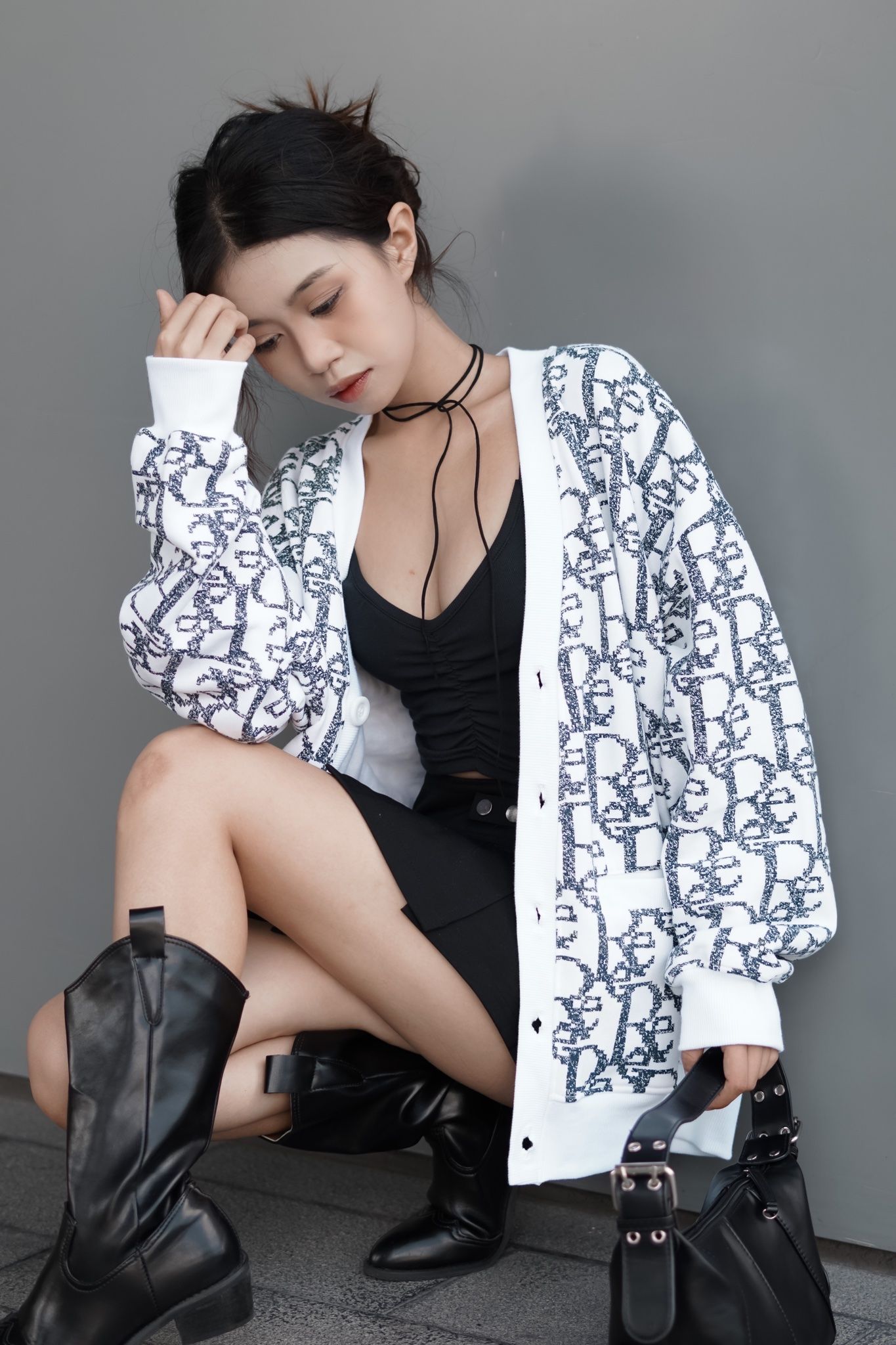 MONOGRAM PIXEL CARDIGAN - WHITE