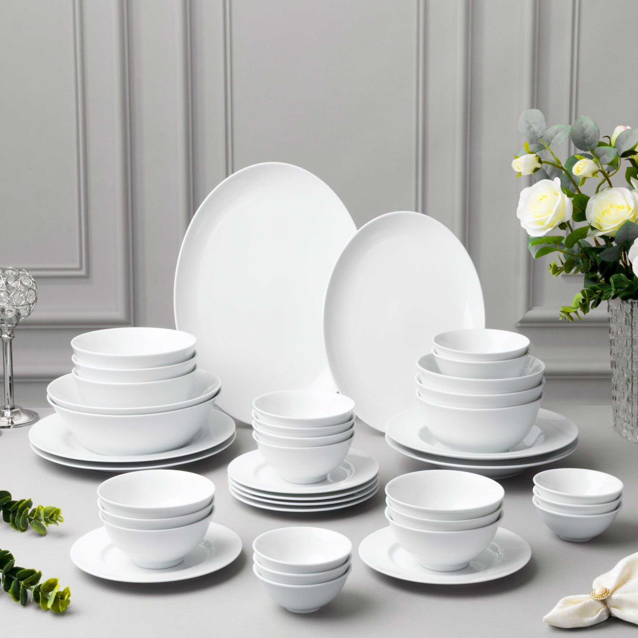 Bộ bát đĩa ăn châu Á 38 món (đĩa tròn, bát cơm 12,2cm cho 6 người) sứ trắng | Art Stage 4257L - D038AS