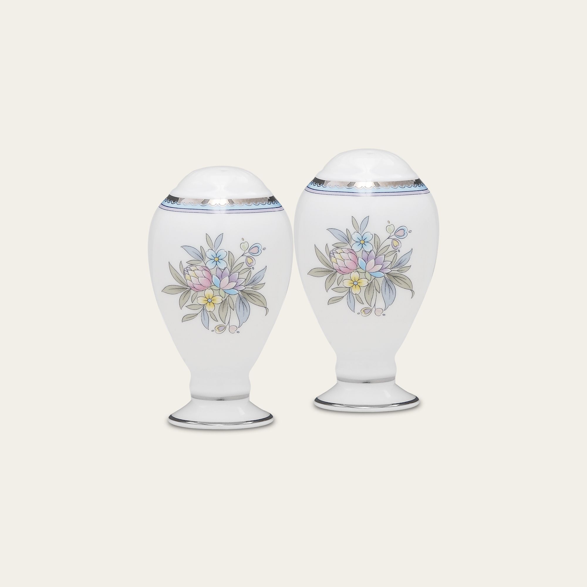 Bộ lọ đựng tiêu (2 lỗ) và muối (4 lỗ) cao 9,7cm sứ xương | Jardin Fleuri 4910L - 507710A