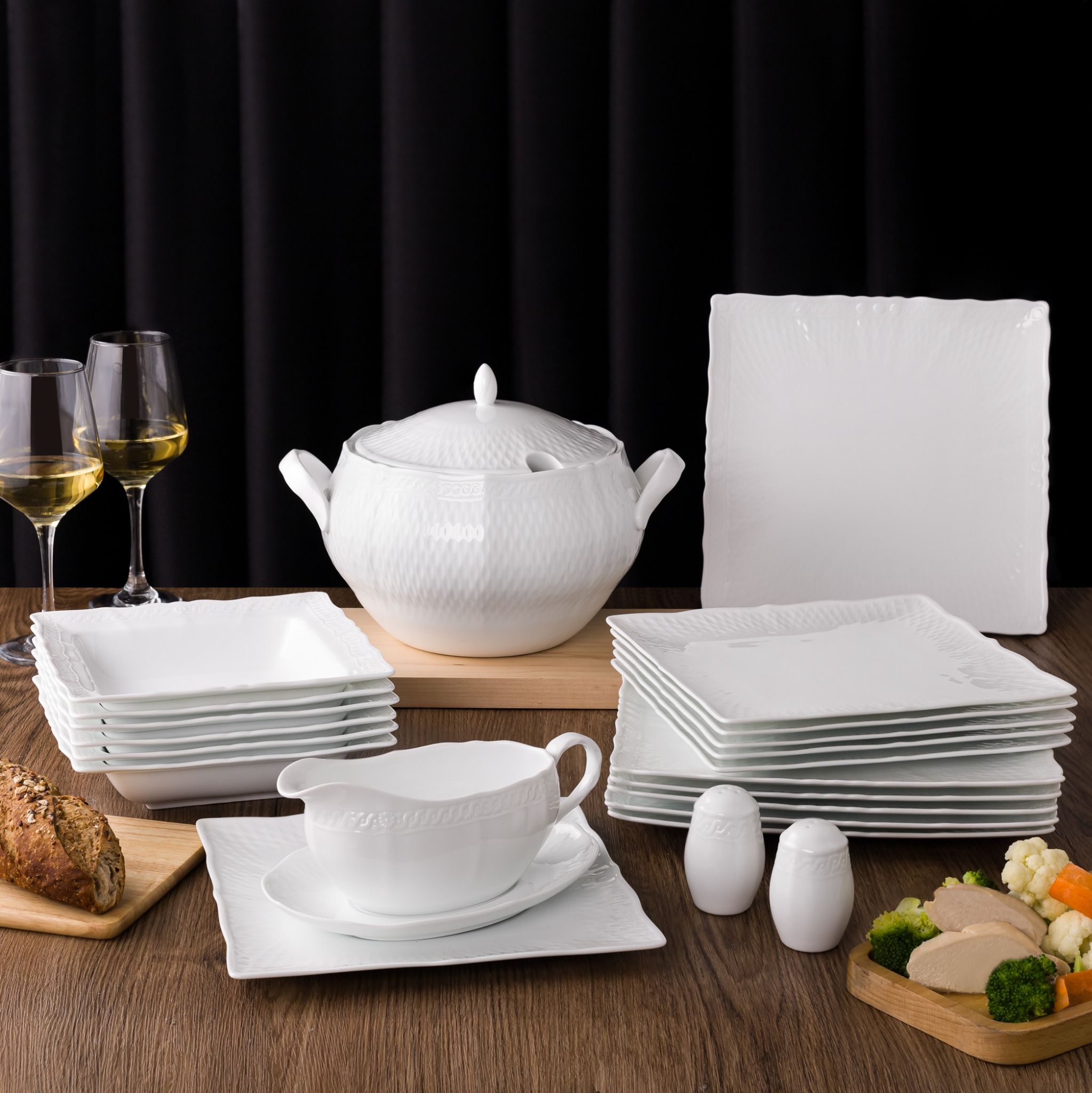 Bộ đĩa ăn kiểu Âu 22 món (đĩa vuông, cho 6 người) sứ trắng cao cấp | Cher Blanc 1655L - D024EV