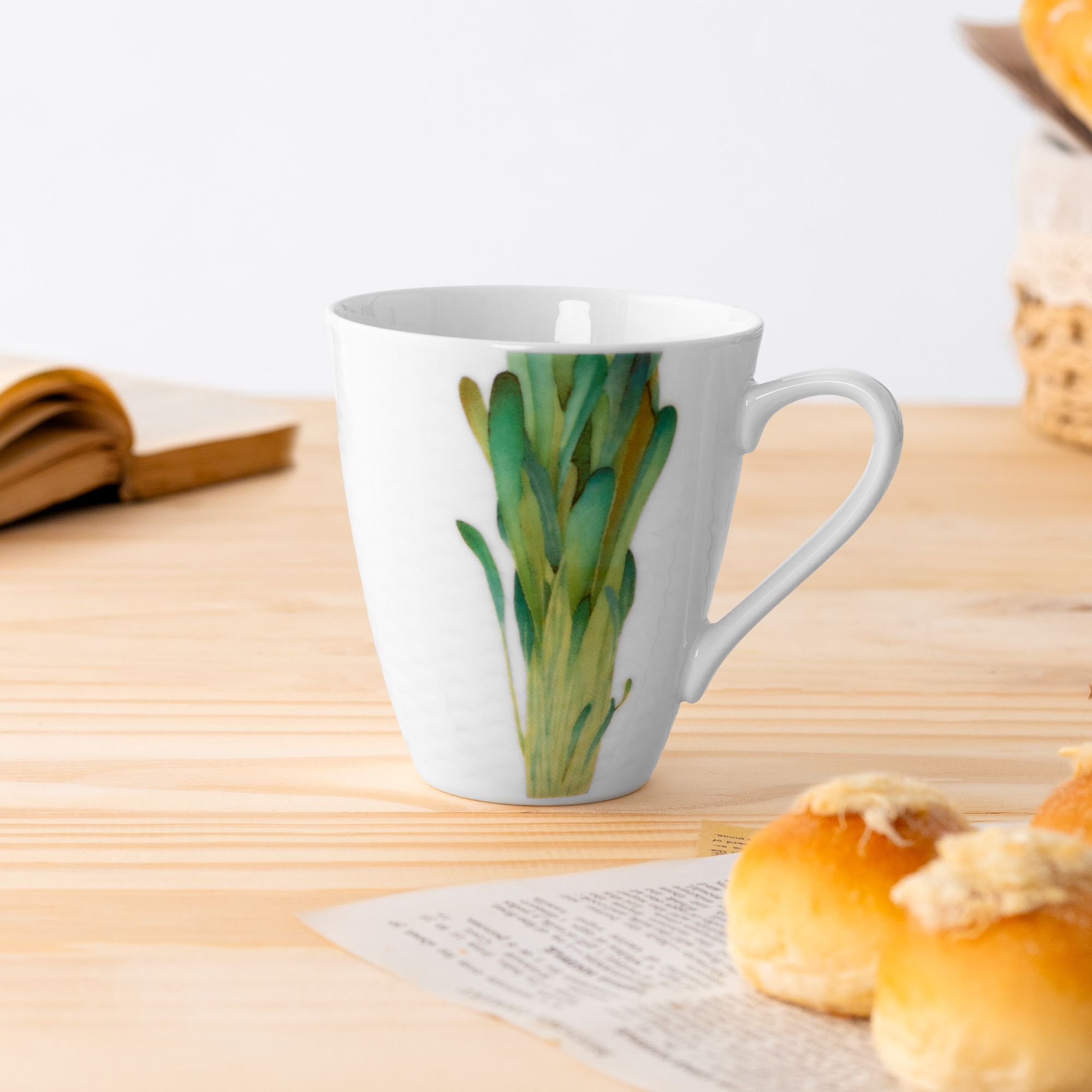 Cốc (ly) uống nước, cà phê 295ml (họa tiết cải Mibuna) sứ trắng | Kyoka Shunsai 1620-2L - 94555C