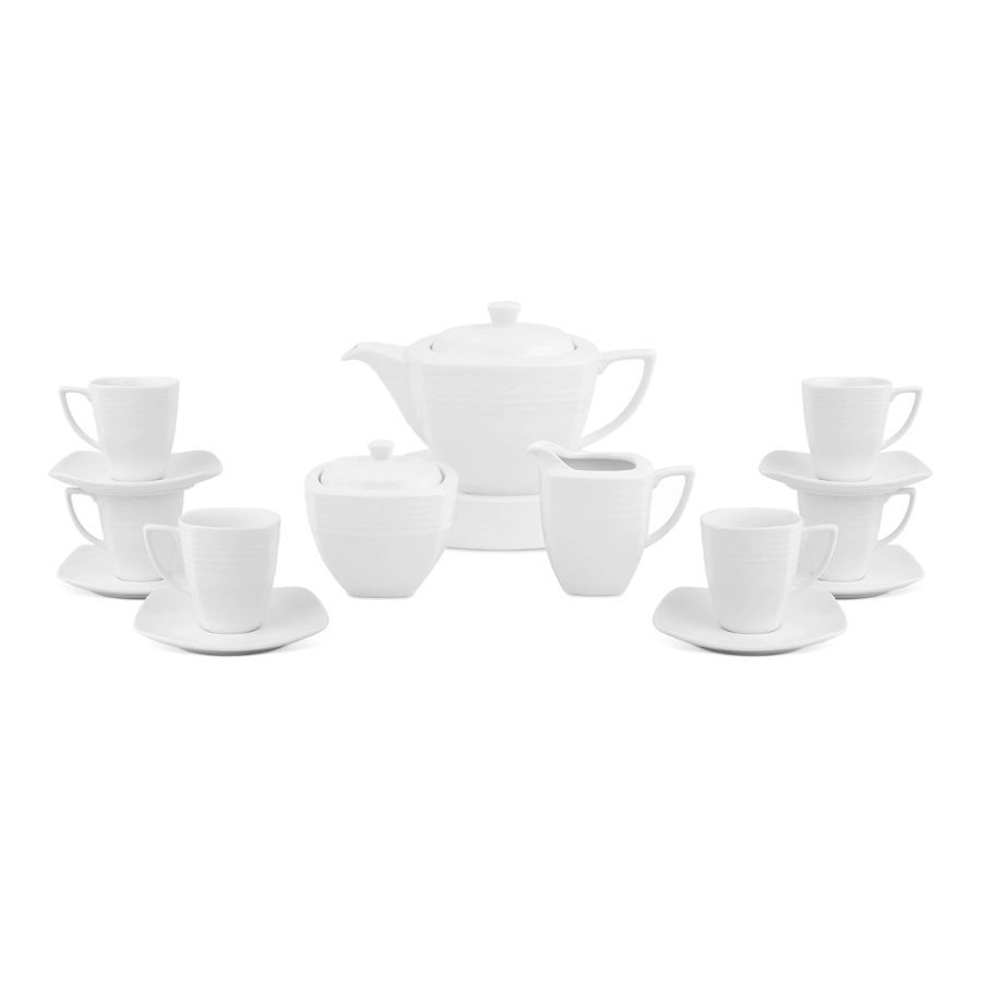 Bộ ấm chén uống trà vuông (ấm 750ml, chén 220ml) 15 món sứ trắng | Arctic White 4000L - T017V