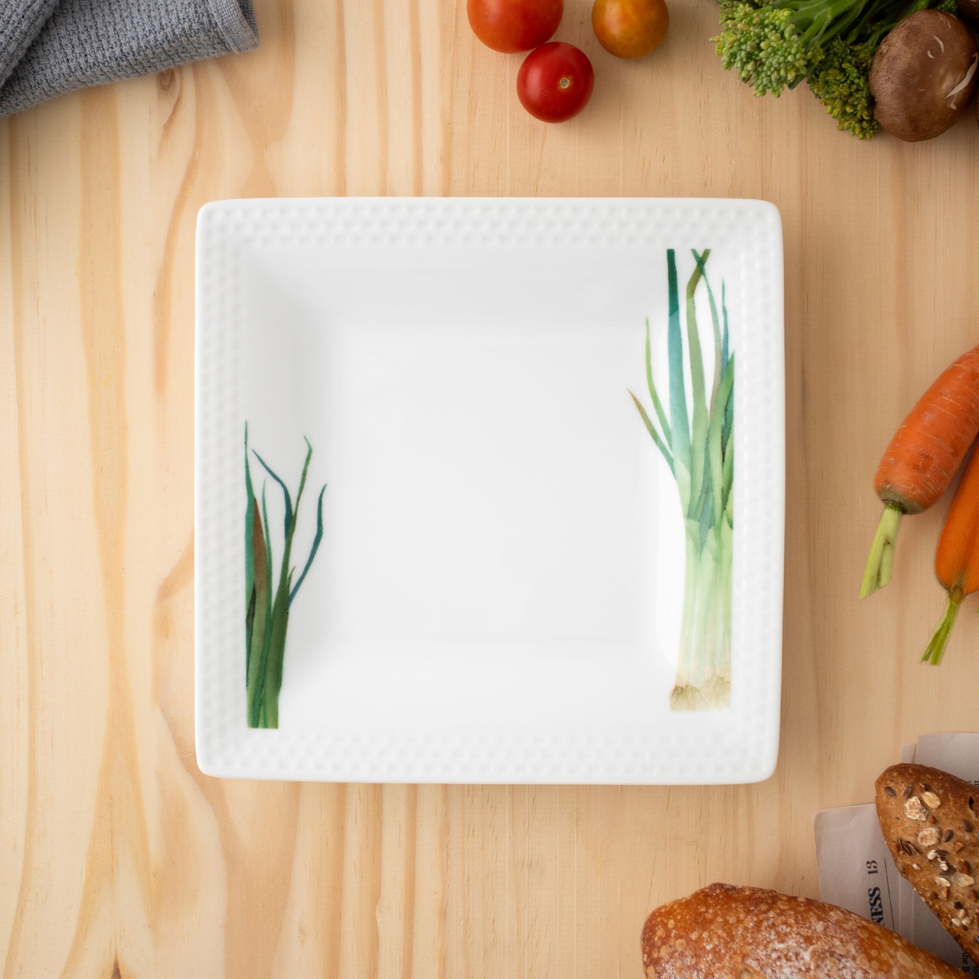 Đĩa vuông cỡ nhỏ cạnh dài 19,2cm (họa tiết hành lá) sứ trắng | Kyoka Shunsai 1620-1L - 94540