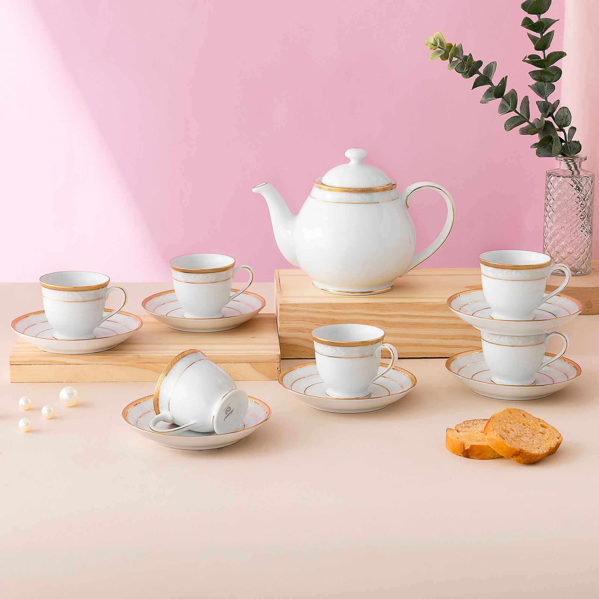 Bộ ấm chén uống trà nhỏ (ấm 780ml, chén 90ml) 13 món sứ trắng | Hampshire Gold 4335L - T014S