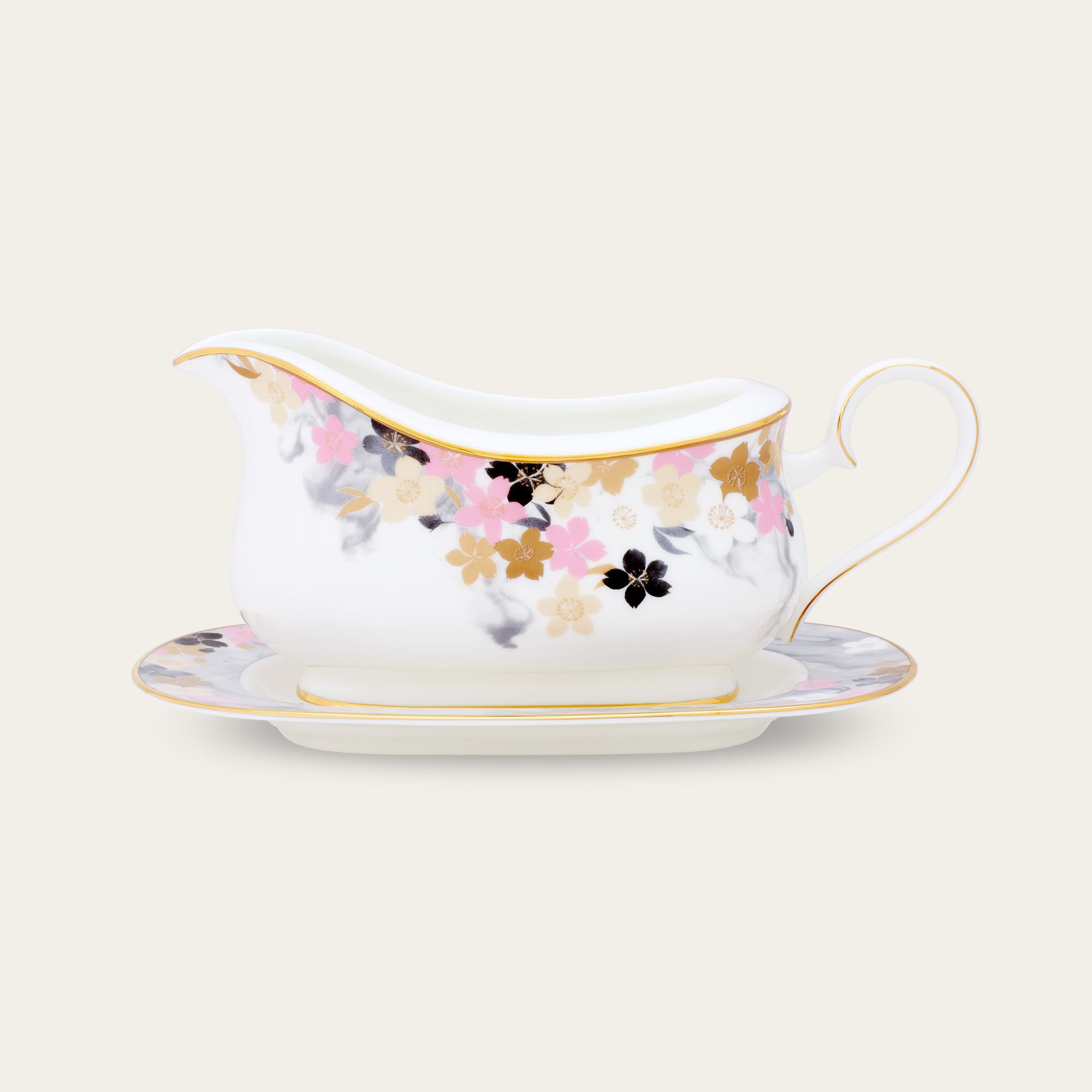 Bình (hũ) đựng nước xốt dung tích 630ml kèm đĩa lót sứ xương | Moonlit Blossoms 4969L - 97241