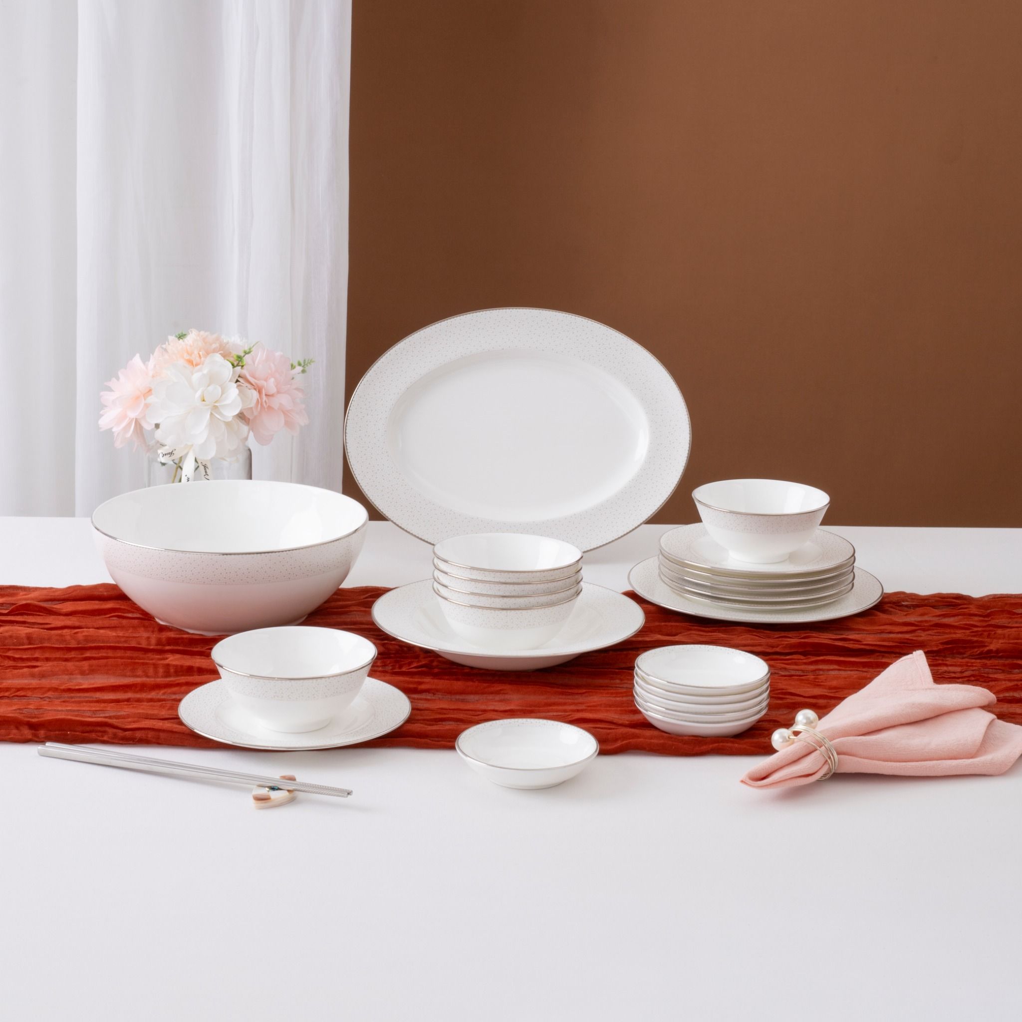 Bộ bát đĩa ăn châu Á cơ bản 22 món (cho 6 người) sứ xương | Broome Street 4913L - D022AB