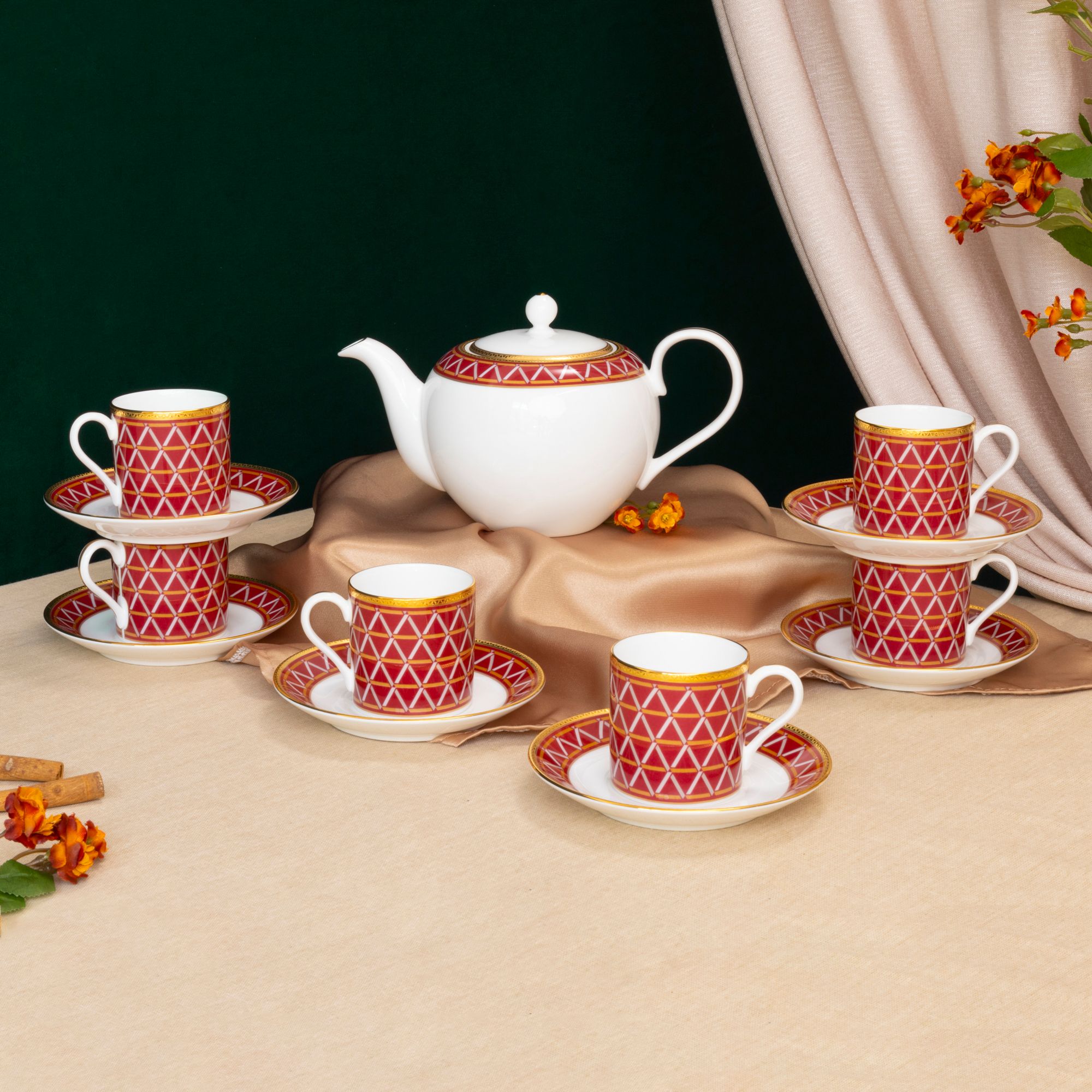  Bộ ấm chén uống trà 13 món (ấm nhỏ 650ml) sứ xương cao cấp | Crochet 4966L-T014S 