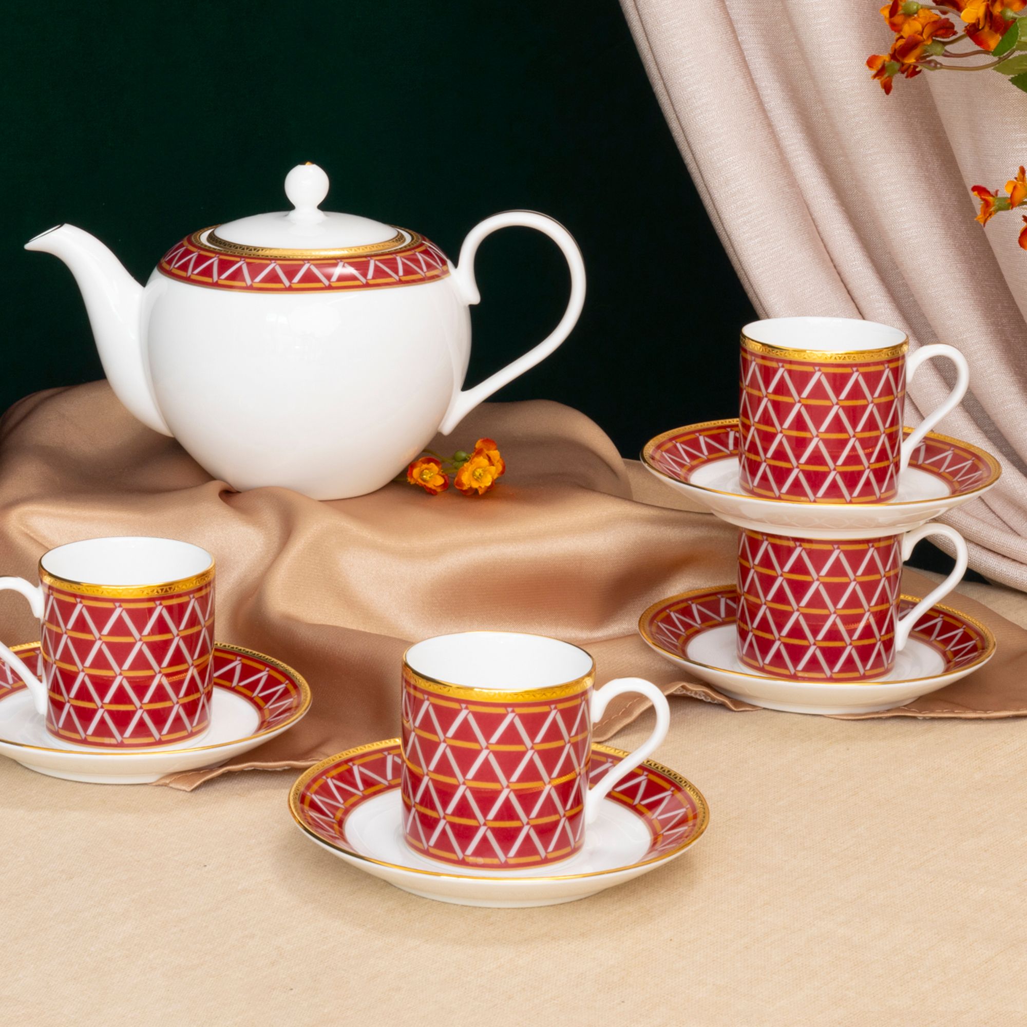  Bộ ấm chén uống trà 13 món (ấm nhỏ 650ml) sứ xương cao cấp | Crochet 4966L-T014S 
