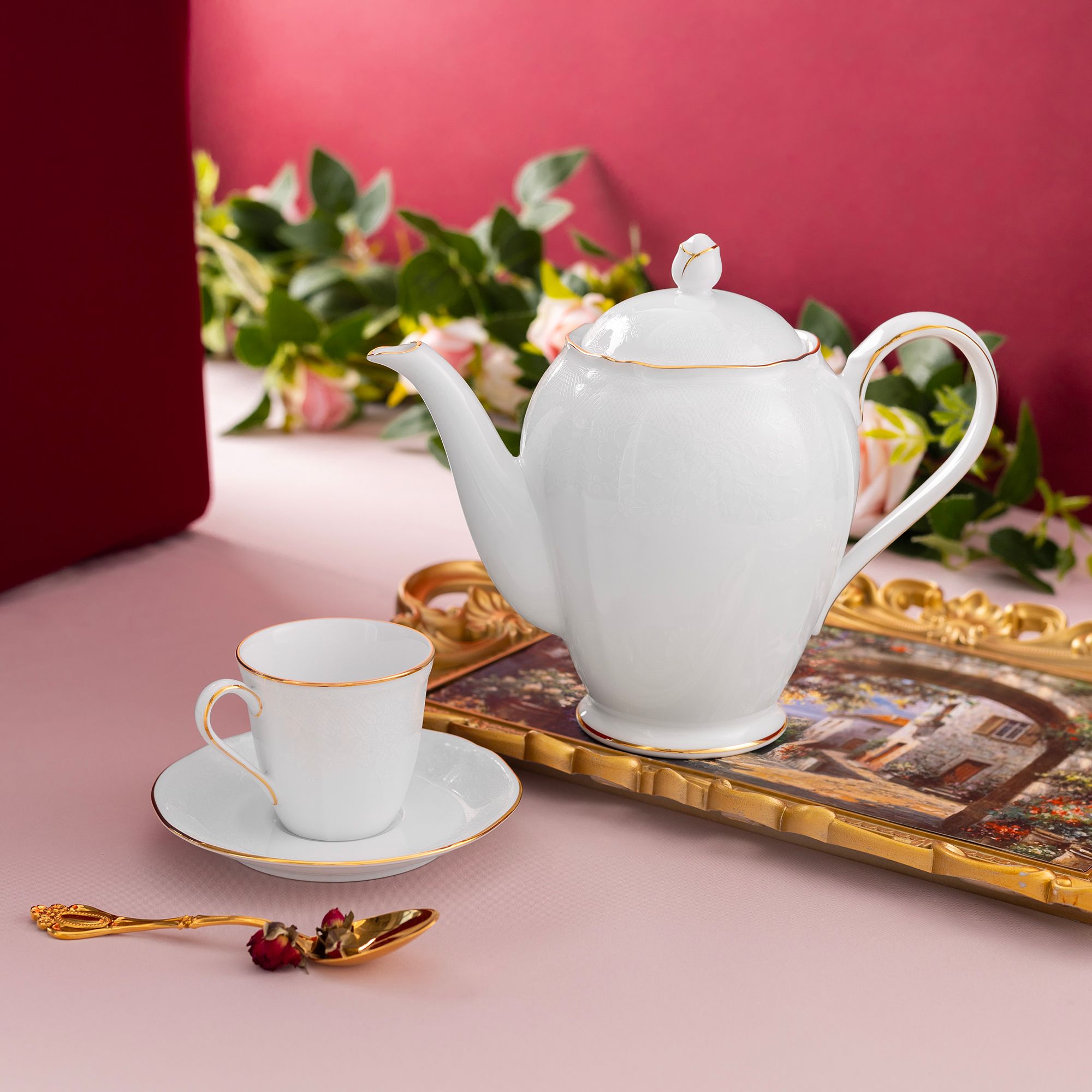 Bộ ấm chén uống trà (tách trà nhỏ 115ml) sứ trắng 13 món | Princess Bouquet Gold 1660L-T014S 