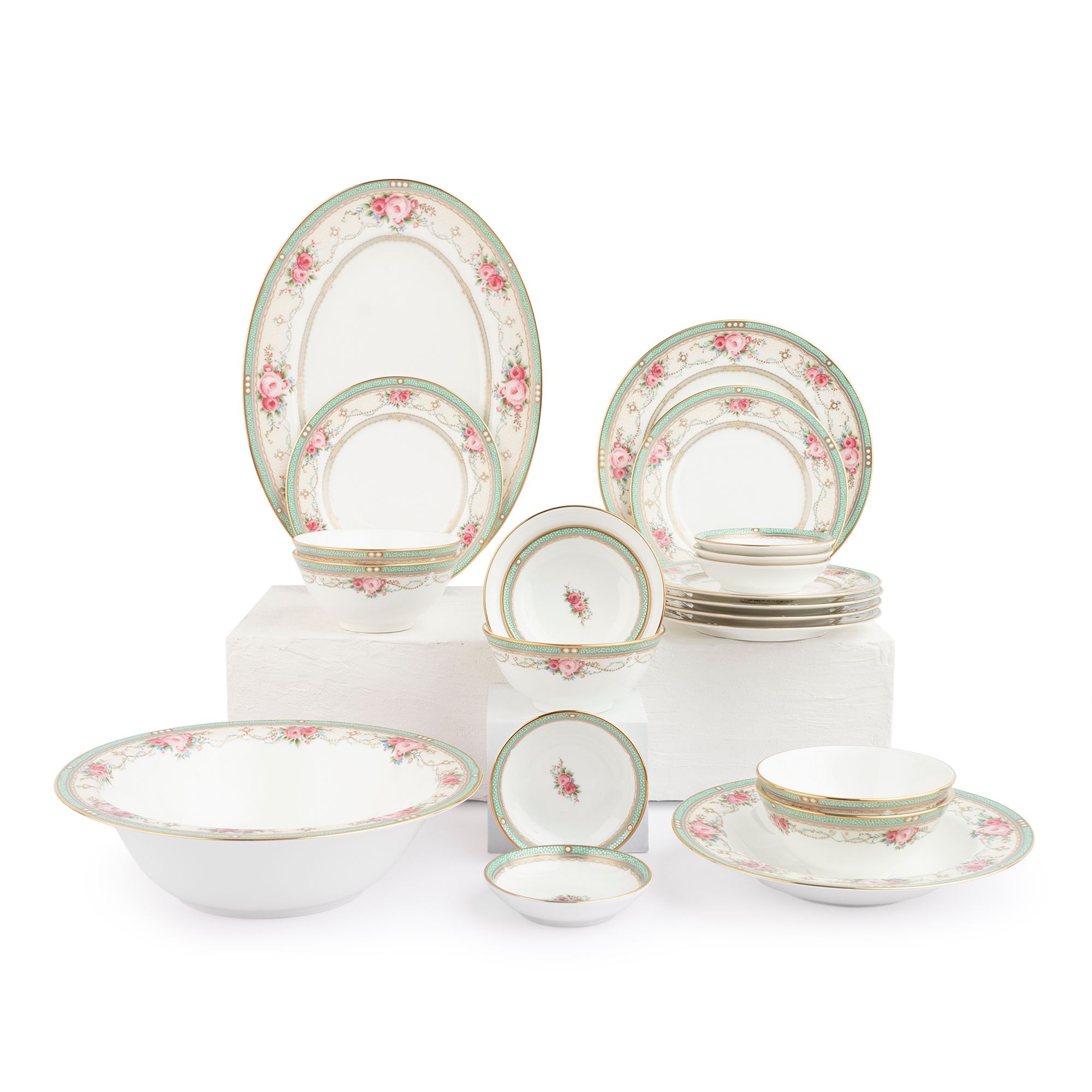 Bộ bát đĩa ăn châu Á cơ bản 22 món (cho 6 người) sứ xương | Palace Rose 4863L - D022AB