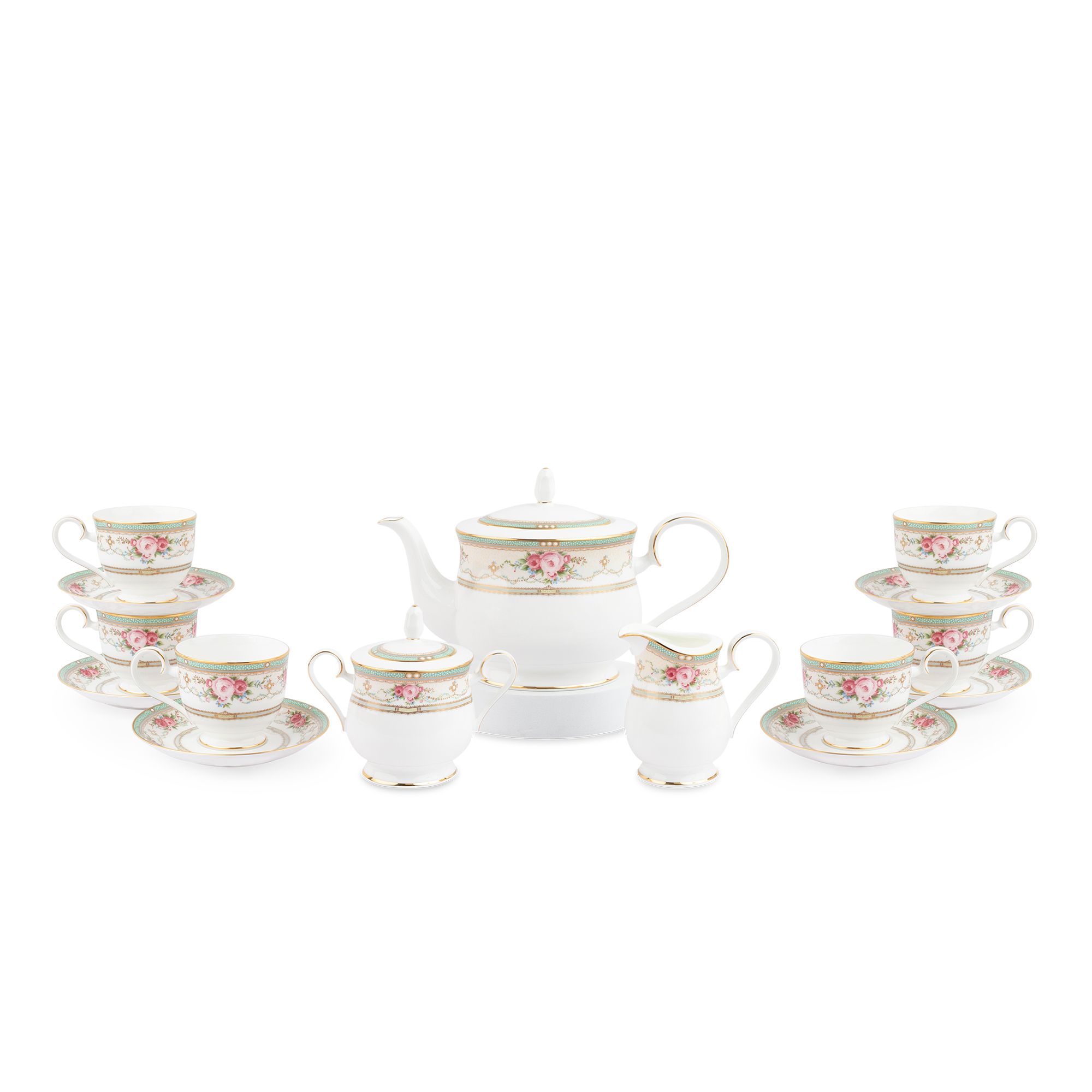 Bộ ấm chén uống trà (ấm 1.300ml, chén 230ml) 15 món sứ xương | Palace Rose 4863L - T017A
